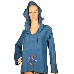 Gypsy Rose Hoodie Womens Cotton Small Blue Embroidered Peace Sign Nepal Boho